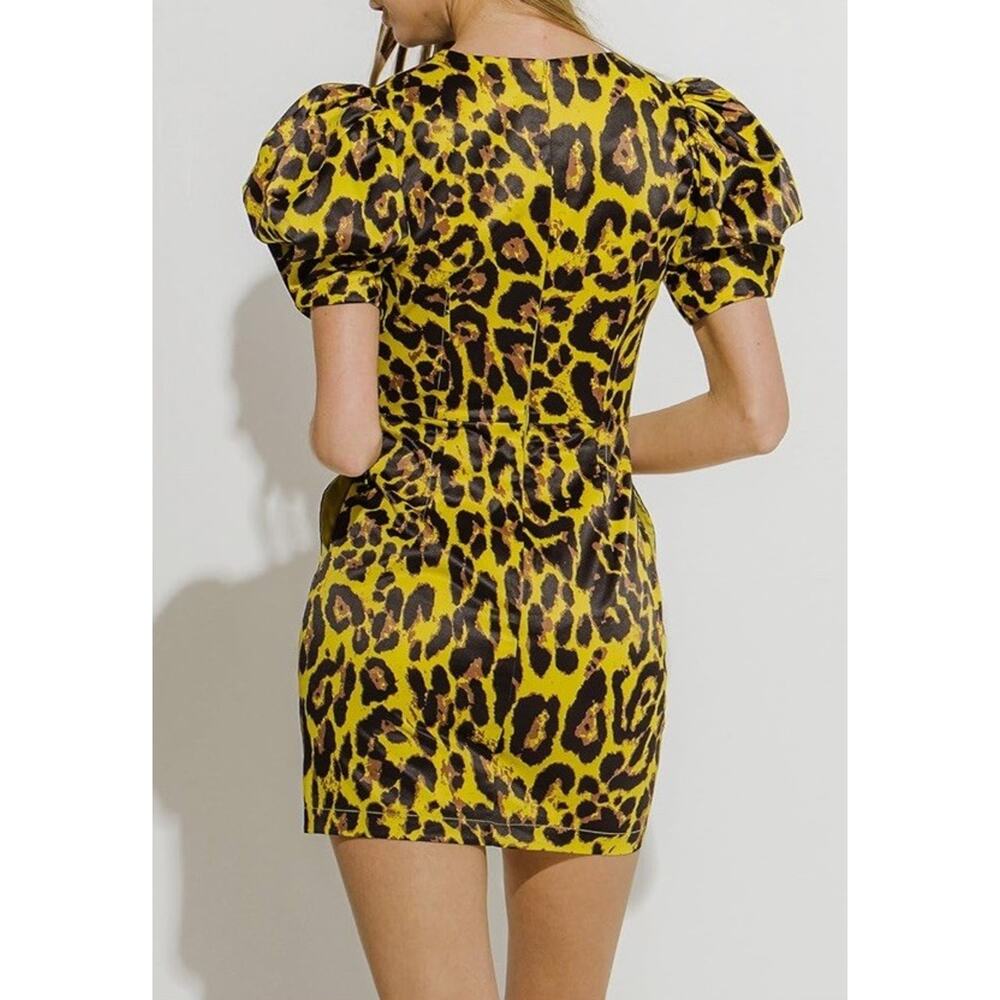 Endless Rose Leopard Print Puff Sleeve Mini Dress XS NWT V Neck Bodycon - Picture 4 of 9